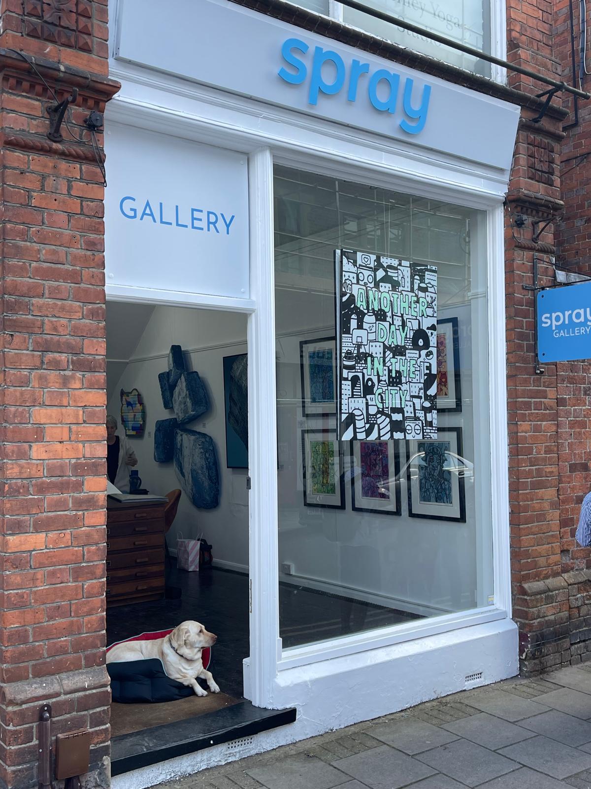 Spray Gallery in Henley-on-Thames with custom blue fascia lettering, window graphics and a projecting sign.