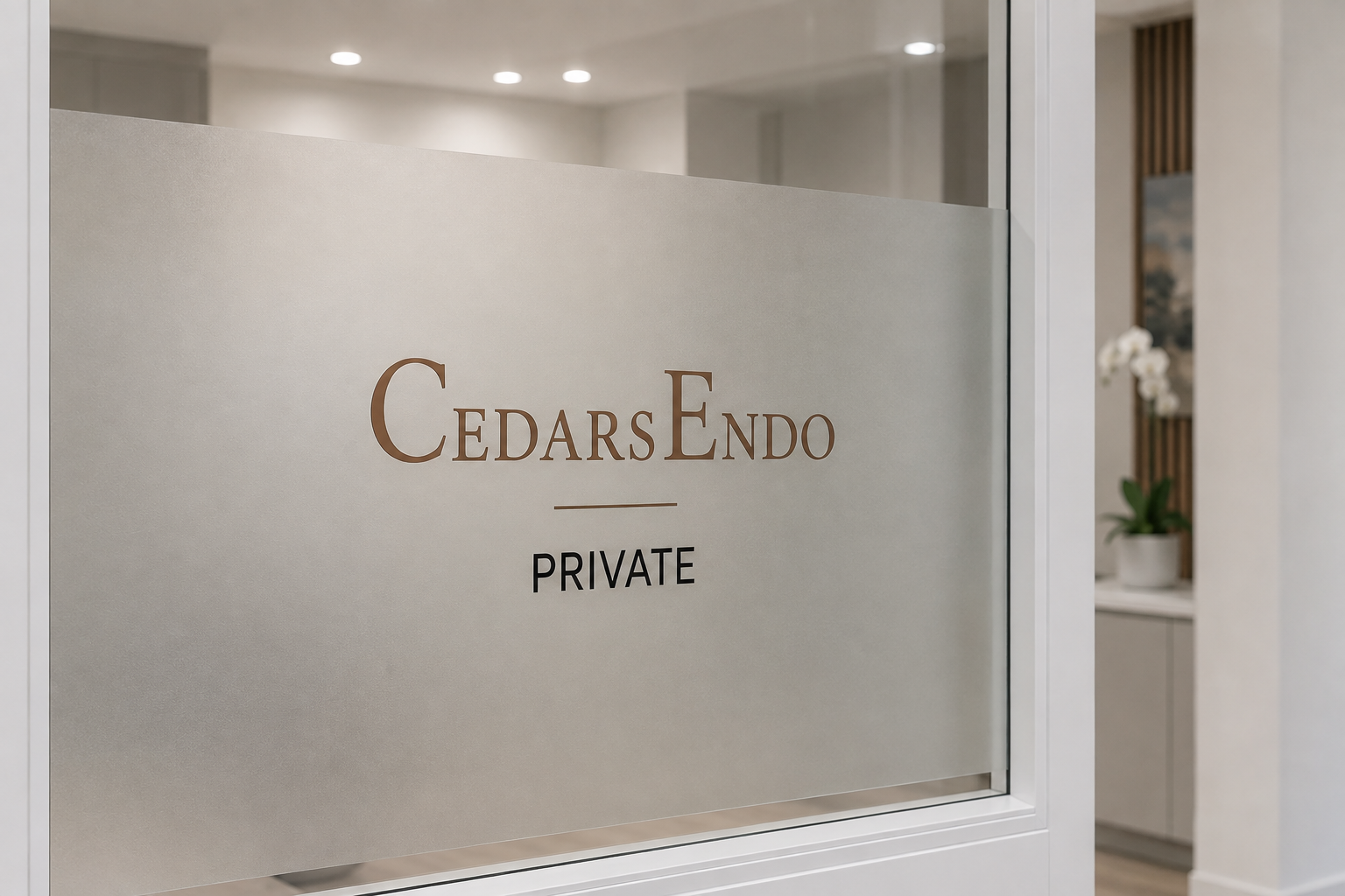 Cedars Endo identity applied to frosted interior glazing at the completed Ascot practice