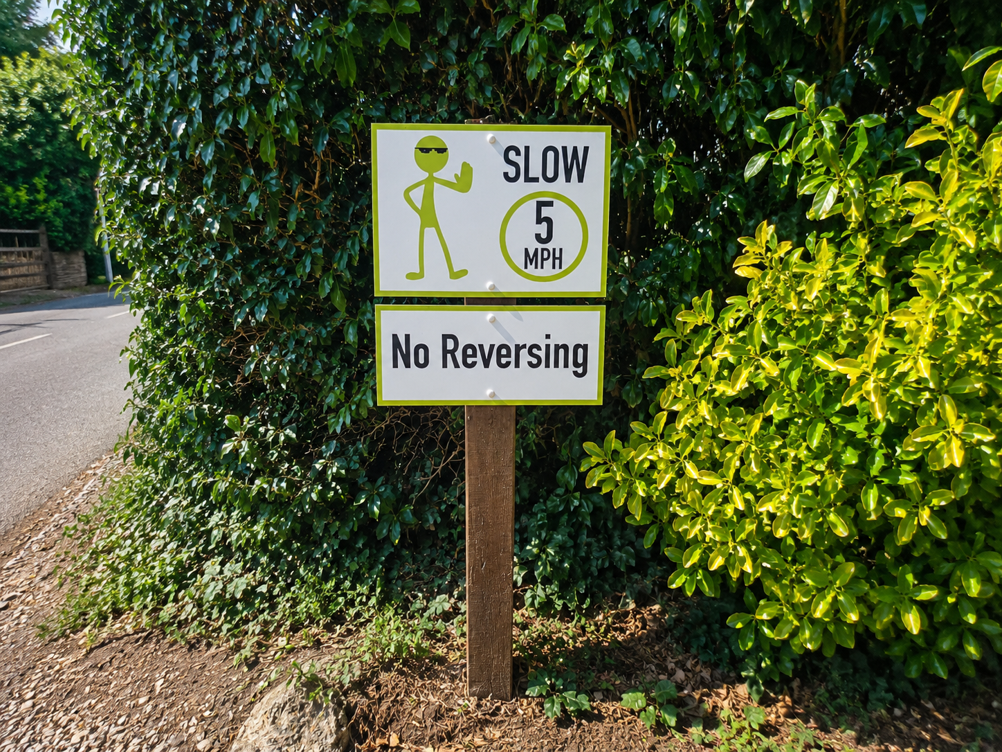A green alien-character road sign reading SLOW 5 MPH above a No Reversing sign, set into a hedge on a residential lane
